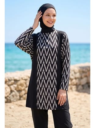 Zikzak Desen 3 Parça Siyah Tesettür Mayo 6249A