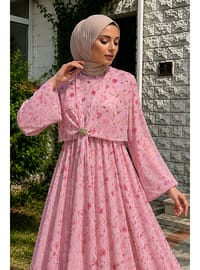 Çiçek Desenli Tokalı Şifon Elbise TSD260256 Pembe