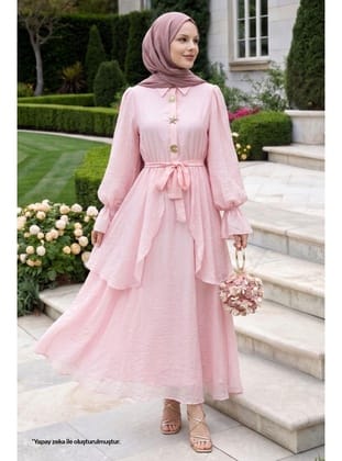 Fırfır Kol Gold Tokalı Açık Pembe Elbise