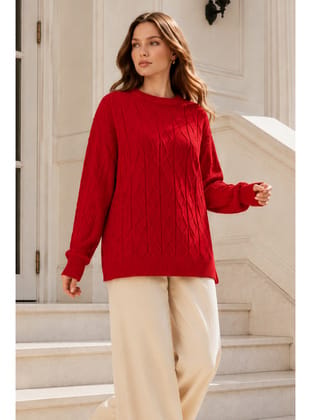 Örgü Desenli Triko Tunik R4484 Kırmızı
