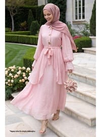 Fırfır Kol Gold Tokalı Açık Pembe Elbise