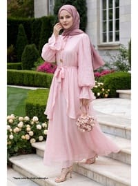 Fırfır Kol Gold Tokalı Açık Pembe Elbise