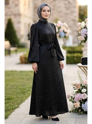 Taşlı Kuşaklı Yoryo Saten Siyah 15681S