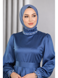 İncili Saten Abiye İndigo