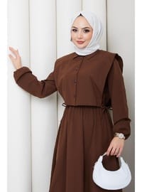 Bolerolu Beli Lastikli Tesettür Elbise Kahverengi HM262756