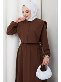 Bolerolu Beli Lastikli Tesettür Elbise Kahverengi HM262756