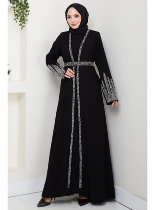 Taş Detaylı İçlikli Abaya Takım Siyah HM2858