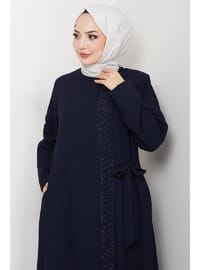 Gizli Fermuarlı Yandan Bağlamalı Boncuklu Ferace Lacivert HM2845