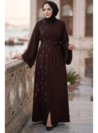 Kuşaklı Çiçek Taşlı Ferace Kahverengi HM2853