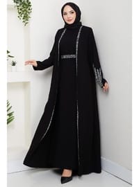 Taş Detaylı İçlikli Abaya Takım Siyah