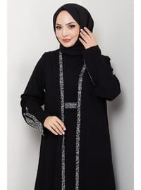 Taş Detaylı İçlikli Abaya Takım Siyah
