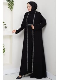 Taş Detaylı İçlikli Abaya Takım Siyah