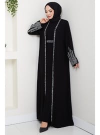Taş Detaylı İçlikli Abaya Takım Siyah