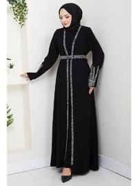 Taş Detaylı İçlikli Abaya Takım Siyah