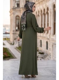 Toka Detaylı Bağlamalı Ayrobin Elbise Haki