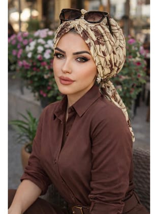 Uçuk Sarı Kahve Desen Tül Tokalı Bone