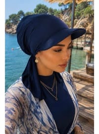 Lacivert Kepli Deniz Havuz Kullanımına Uygun Bağcıklı Eşarp Bone