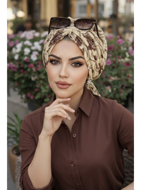 Uçuk Sarı Kahve Desen Tül Tokalı Bone