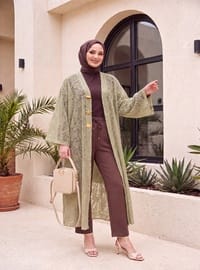 Geniş Kol Bağcıklı Broşlu Jakarlı Uzun Kimono Çağla Yeşili