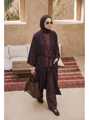 Doğal Kumaş Kuşaklı Cepli Beli Kuşaklı Kolyeli Kimono Kahverengi 26YA511
