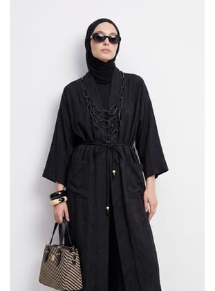 Doğal Kumaş Kuşaklı Cepli Beli Kuşaklı Kolyeli Kimono Siyah 26YA511