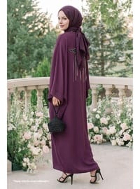 Dökümlü Taşlı Elbiseli Mor Abaya