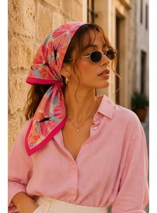 Kanat Desen Pembe-Turuncu Soft Bandana Fular 50x50 cm