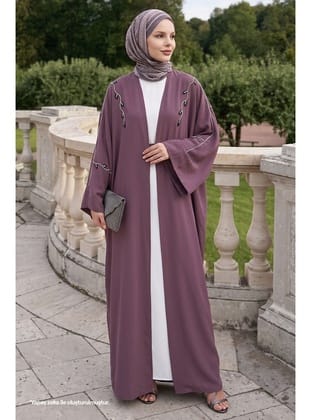 Sarmaşık Desen Taşlı Elbiseli Abaya Gül Kurusu