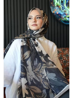 Zambak Çiçek Desen Siyah Soft Pamuk Şal