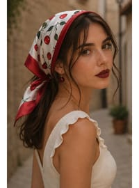 Kiraz Bahçesi Desen Kırmızı Saten Bandana Fular 50×50 cm