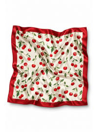 Kiraz Bahçesi Desen Kırmızı Saten Bandana Fular 50×50 cm