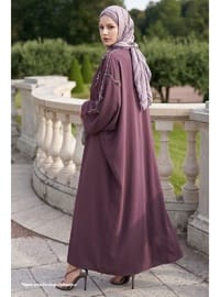 Sarmaşık Desen Taşlı Elbiseli Abaya Gül Kurusu