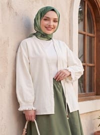 Kolları Püsküllü Beli Kemerli Keten Kimono Ekru