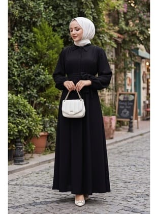 Alser Kuşaklı Elbise 1468 - Siyah