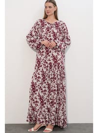 Kadın Desenli Uzun Elbise 2596 Bordo