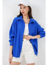 Kadın Uzun Oversize Gömlek Saks