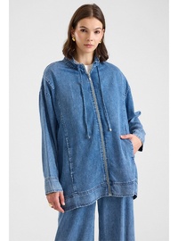 Fermuar Kapamalı Bağcık Detaylı Soft Denim Ceket Pantolon İkili Takım MAVİ