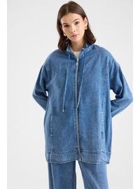 Fermuar Kapamalı Bağcık Detaylı Soft Denim Ceket Pantolon İkili Takım MAVİ