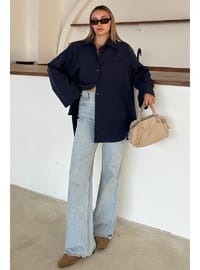 Pamuklu Salaş Gömlek İspanyol Kol Lacivert 9365