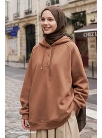 Çıtçıt Yaka Kapüşonlu Camel Sweat