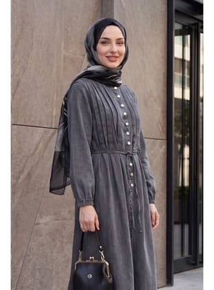 Kolu Lastikli Beli Bağcıklı Yarım Düğmeli Kot Elbise -Füme