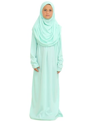 Çocuk Namaz Elbisesi Seti 8-12 Yaş Mint Yeşili