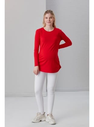 IŞŞIL 0362-Viskon Körüklü Düz Hamile Uzun Kol T-Shirt Kırmızı