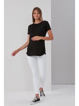 IŞŞIL 0788-Viskon Körüklü Düz Hamile Kısa Kol T-Shirt Siyah