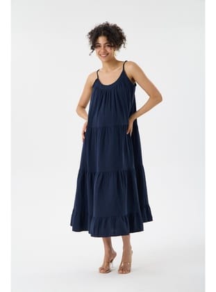 IŞŞIL 1077-Muslin Kumaş Askılı OverSize Hamile Askılı Elbise Lacivert