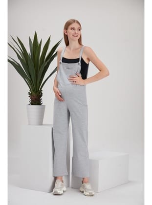 IŞŞIL 4493-Bağlamalı Askı Diz Yapmayan Penye Hamile Bahçıvan-Tulum Gri