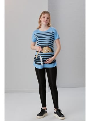IŞŞIL 4505-Kurnaz Kaçış Viskon Hamile Kısa Kol T-Shirt BEBE MAVİ