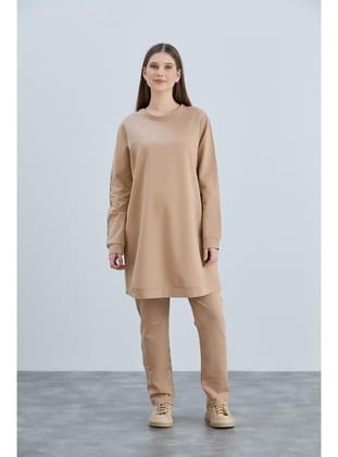 IŞŞIL 4538-Lycra İki İplik Penye Şeritli Hamile Eşofman Takım Bej