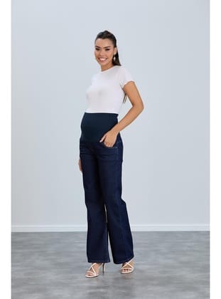 IŞŞIL 8798-Hamile Lycra Bol Paça Kot Pantolon Koyu Mavi