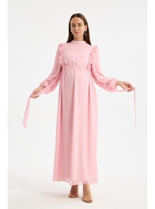 IŞŞIL M0024-Hakim Yaka Mini Leopar Desen Hamile Maxi Şifon Elbise Pembe